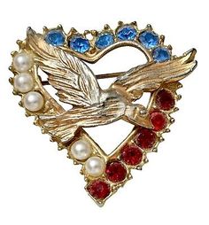 Vtg USA RED BLUE RHINESTONE FAUX PEARL HEART BIRD PATRIOTIC BROOCH SWEETHEART  | eBay Rhinestone Cowgirl, Patriotic Jewelry, Modern Jewellery Design, Pearl Heart, Upcycled Jewelry, Inspired Jewelry, Timeless Accessories, American Jewelry, Blue Rhinestones