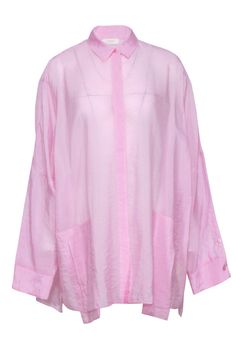 Current Boutique-Lapointe - Pink Sheer Textured Oversized Button-Up Blouse Sz S Pink Blouse For Spring Daywear, Pink Relaxed Fit Elegant Blouse, Oversized Shirt With Button Cuffs For Spring, Chic Pink Shirt For Daywear, Chic Pink Blouse With Relaxed Fit, Pink Tops With Button Cuffs For Daywear, Oversized Feminine Blouse For Spring, Pink Feminine Blouse For Daywear, Feminine Pink Blouse For Daywear