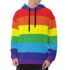 Feel bright, bold and beautiful in this rainbow flag hoodie which is super stylish, soft, warm and comfy. If you love rainbow clothing, are looking for the perfect festival hoodie or want to show off your LGBTQ+ pride this rainbow hoodie is ideal for spending time outdoors, heading to events, festivals or just to brighten up your day.  STYLE GUIDE *Gender neutral fit pullover hoodie *Cozy and soft *Brushed fleece fabric inside *Double-lined hood with design on both sides *Drawstring MATERIAL 95% Rainbow Jumper, Rainbow Clothing, Pride Hoodie, Rainbow Hoodie, Ace Pride, Rainbow Outfit, Hoodie Cozy, Rainbow Sweater, Rainbow Flag