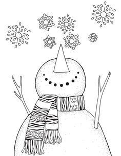 a black and white drawing of a snowman wearing a hat, scarf and mittens