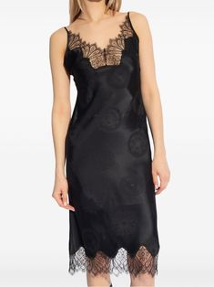 Coperni lace-trimmed Silk Dress | Black | FARFETCH Evening Slip Dress With Contrast Lace, Evening Lace Slip Dress With Contrast Lace, Evening Slip Dress With Lace Trim And Spaghetti Straps, Silk Dress With Contrast Lace And Spaghetti Straps, Silk Dress With Spaghetti Straps And Contrast Lace, Silk Spaghetti Strap Dress With Contrast Lace, Chic Formal Slip Dress With Lace Trim, Evening Lace Slip Dress, Lace Patchwork Satin Slip Dress