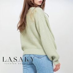 Lasaky - Round Neck Rib Knit Pullover Sweater with Bishop Sleeves - Sage Green Soft Knit Long Sleeve Cropped Sweater, Green Long Sleeve Soft Knit Cropped Sweater, Trendy Knitted Crew Neck Cardigan, Spring V-neck Long Sleeve Chunky Knit Sweater, Spring Solid Color Cable Knit Sweater, Spring Solid Cable Knit Sweater, Casual Acrylic V-neck Sweater, Casual Green Knitted V-neck Sweater, Casual Crew Neck Cable Knit Cardigan