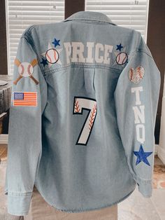 Baseball jacket #diy Senior Night Mom Outfit Style, Baseball Mom Jacket, Diy Baseball Mom Shirt Ideas, Diy Baseball Jersey, Baseball Allstars Ideas, Baseball Mom Jean Jacket, Diy Baseball Shirt, Softball Jackets, Bordem Busters