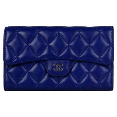 Chanel Blue Lambskin Quilted Large Gusset Flap Wallet Made In: Spain Year of Production: 2014-2014 Color: Blue Hardware: Silvertone and blue enamel Materials: Lambskin leather Lining: Smooth leather Closure/Opening: Flap with snap Exterior Pockets: Back patch pocket Interior Pockets: Six credit card slots, one bill compartment, four long slit pockets for bills or receipts, one coin compartment Exterior Condition: Excellent, with light wear to corners Interior Condition: Excellent, with light scr Chanel Pouch, Chanel Blue, Bag Insert, Novelty Bags, Leather Coin Purse, Chanel Black, Black Hardware, Small Accessories, Vintage Chanel