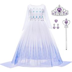 a white dress and tiara with purple hearts