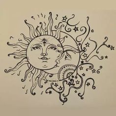 a drawing of the sun and moon with stars on it's face, in black ink