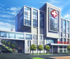 an artist's rendering of a hospital building with a red cross on the front