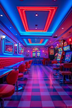 a brightly lit casino room with checkered flooring and neon lights on the ceiling