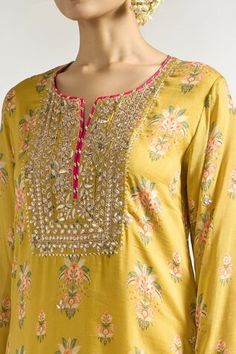 Mustard tunic with all-over floral prints, embroidered yoke, sleeve hem and borders. - Aza Fashions Transitional Floral Print Kurta, Floral Print Tunic, Womens Tunics, Cotton Silk, Three Quarter, Silk Printing, Aza Fashion, Floral Prints, Silk