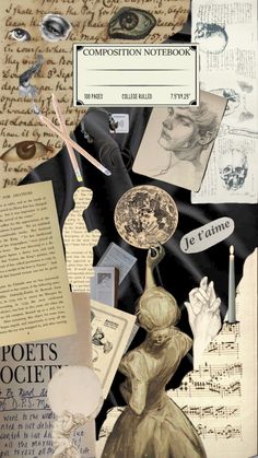 an altered collage with many different things on it, including paper and other items