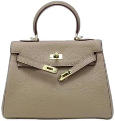 Luxury Khaki Rectangular Bag, Formal Taupe Rectangular Bag, Luxury Khaki Leather Bag, Luxury Leather Khaki Bags, Designer Taupe Shoulder Bag For Formal Occasions, Designer Taupe Bags With Gold-tone Hardware, Elegant Khaki Shoulder Bag With Double Handle, Formal Taupe Double Handle Bag, Taupe Double Handle Formal Bag