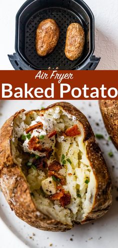 baked potatoes in an air fryer on a white plate with the title above it