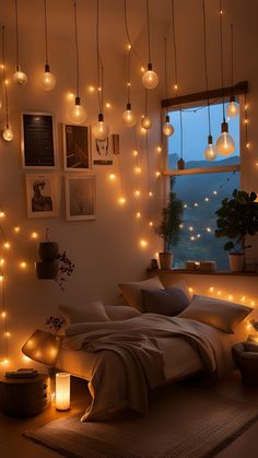 String Lights Bedroom Pendant, Hanging Lights In Bedroom Ceilings, Fairy Lights Home Office, Cozy Bedroom String Lights, Fairy Lights Above Bed Ceiling, Ambient Lighting Bedroom Aesthetic, Bulb Lights In Bedroom, Cozy Lights, Cozy Living Rooms Fairy Lights