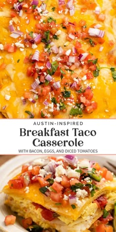 an image of breakfast taco casserole with bacon, eggs and diced tomatoes