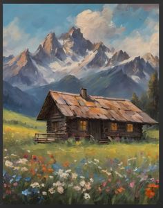 a painting of a cabin in the mountains with wildflowers and flowers around it