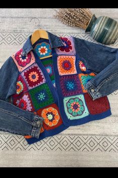 "Crochet Cardigan, Denim Jacket for Women, Multicolor Jean Women Jacket, Granny Square Crochet Cardigan, Crochet Vest, Women Coat Vest ✅Our Women's knitted Cardigan material is comfortable and warm to wear. It is soft and elastic so that it can adapt to various body types. This Ladies Cardigan is made  cotton and premium acrylic.  The Granny Square Cardigan will also make a PERFECT GIFT for your loved ones. Jeans color may vary slightly   Each piece is one-of-a-kind !! SIZE: S-M  >> Bust up to 1 Granny Square Denim Jacket, Trendy Multicolor Patchwork Denim Jacket, Casual Crochet Outerwear For Fall, Spring Vintage Patchwork Cardigan, Retro Patchwork Denim Jacket For Winter, Multicolor Patchwork Long Sleeve Denim Jacket, Retro Winter Denim Jacket With Patchwork, Bohemian Multicolor Long Sleeve Denim Jacket, Multicolor Bohemian Denim Jacket