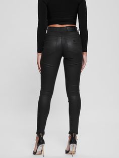 Feel extra comfortable in your own skin with these special jeans. Featuring a curve-hugging denim design, high-rise waist, five-pocket construction, dual waist buttons and triangle logo at the back pocket. Edgy High Rise Pants With Five Pockets, Edgy Mid-rise Jeans With Five Pockets, High Rise Jeggings With Five Pockets For Work, High Rise Stretch Jeans With Belt Loops, Stretch High Rise Jeans With Belt Loops, Trendy Elastane Jeans, Sleek Mid-rise Jeans For Fall, Trendy Slim Bottoms With Five Pockets, Sleek High Rise Jeans For Fall