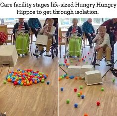 two pictures of children playing with balls on the floor and an older woman sitting in a wheel chair