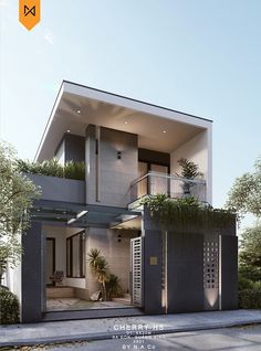 an architectural rendering of a modern house with plants on the balcony and balconies