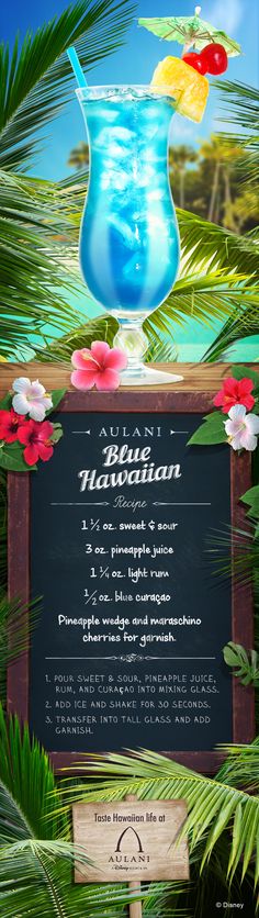 an advertisement for a tropical drink on the side of a wooden sign with palm leaves and flowers