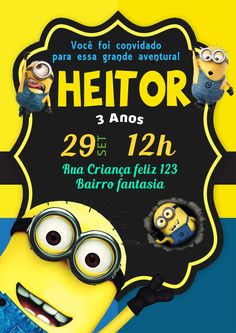 a minion birthday party poster with the words hetor and two minions on it