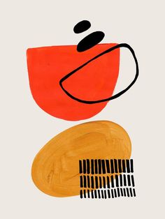 an abstract painting with orange, black and white shapes