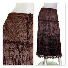 Vintage 90s 2 Tiered Silky Brown Broomstick Skirt, 1990s Stretch Waist Brown Maxi Skirt with Lace Trim Elastic waist with drawstring In near mint condition. Label: Majora, L, Measurements Waist: 30 -44 inches, 76-111.5 Waist to Hem: 35 inches, 89cm Hem circumference: when stretched 90 inches, 228.5cm All measurements taken flat and doubled where appropriate. All my items are vintage and may have signs of wear. I try to show any imperfections or damage and the price will reflect them. Yes, I ship Brown Maxi Skirt, Brown Maxi Skirts, Skirt With Lace Trim, Broomstick Skirt, Yellow Lace Dresses, Belted Robe, Black Shawl, Skirt With Lace, Tweed Coat