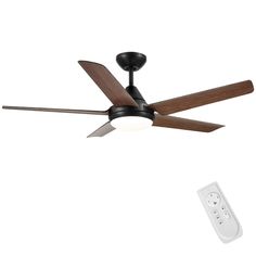 a ceiling fan and remote control on a white background with an image of a black ceiling fan