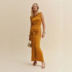 The Cameilla Is A Sleeveless Maxi-Length Dress With A Cowl Neckline, Tie Detailing, And Ruching Throughout. New With Tags Fancy Shop, Dress Guide, Yellow Outfit, Reformation Dress, Silky Dress, Color Crush, Reformation Dresses, Cowl Neckline, Midi Dress With Sleeves