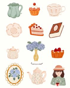 an illustration of teapots, cakes and flowers