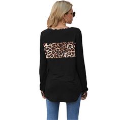 Black Splice Leopard Round Neck Long Sleeve Top Black Patchwork Top For Fall, Black Spliced Top For Fall, Black Patchwork Tops For Layering, Chic Fall Tops With Splicing, Round Neck Long Sleeve Top, Tops Long Sleeve, Top Women, Women Tops, Long Sleeve Top