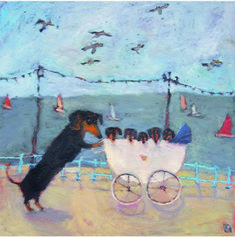 a painting of a dachshund pushing a baby carriage with sailboats in the background