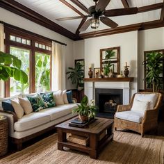 a living room filled with furniture and a fire place under a ceiling fan in front of a window