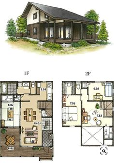 two story house plans with one bedroom and living room on the first floor, while another has