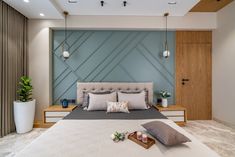 a large bed sitting in a bedroom next to a wooden wall with lights on it