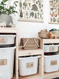 three storage bins with baskets on top of them in front of pictures and plants