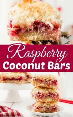 raspberry coconut bars stacked on top of each other with text overlay that reads, raspberry coconut bars