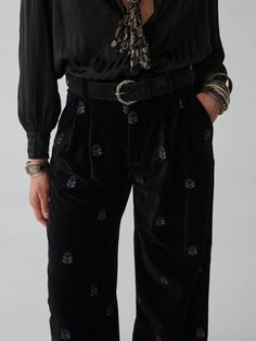 Nothing welcomes winter better than a pair of funky velvet pants - 'Maison Hotel' style. Cut in cotton velvet, the semi wide-leg pant features an all-around 'ship-cove' blue contrast floral embroidery and generous pleats across the front and back. Here combined with our Marie Blouse and Panthera Black Belt for a midnight vibe. However, for the real deal combine it with the Andy Jacket as well. - 50% CO 50% PL.- True to size - choose your usual size.- If you are in between sizes, choose the small Moody Palette, Flat Platform Sandals, Womens Wide Leg Pants, Embroidered Pants, Velvet Trousers, Night Blue, Velvet Pants, Swimwear Sale, Cotton Velvet