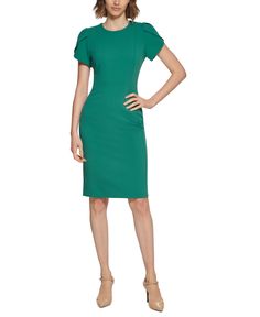 in stock Green Pleated Sleeve Dress For Work, Green Workwear Dress With Pleated Sleeves, Fitted Green Cap Sleeve Dress, Fitted Green Midi Dress With Pleated Sleeves, Fitted Midi Sheath Dress With Pleated Sleeves, Calvin Klein Sheath Midi Dress For Work, Calvin Klein Sheath Midi Dress For Office, Calvin Klein Knee-length Bodycon Workwear Dress, Fitted Midi Dress With Pleated Sleeves