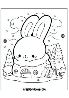 a coloring page with an image of a rabbit in a sweater and trees on the ground