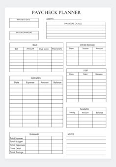 a printable pay sheet with the words paycheck planner written in black on it