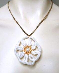 NEW CROCHET FLOWER PENDANT NECKLACE PEARL BEAD WHITE YELLOW GOLD CHAIN HANDMADE Elegant Beaded Flower Pendant Necklace, Ornate Handmade Flower Pendant Necklace, Handmade Ornate Flower Pendant Necklace, Handmade Yellow Flower Pendant Necklace, White Flower-shaped Pearl Necklace With Pendant, Orange Crochet, Artisan Jewelry Necklaces, Flower Pendant Necklace, Yellow Light