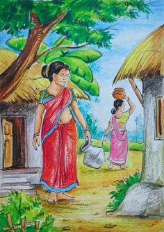 a drawing of two women in front of some huts