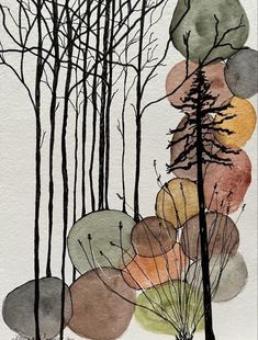 watercolor painting of trees and rocks in the woods