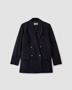 The ReWool® Double-Breasted Blazer Navy / Bone – Everlane Pinstripe Blazer With Double Button Closure For Fall, Winter Pinstripe Suits For Workwear, Winter Pinstripe Suit For Workwear, Winter Pinstripe Suits For Work, Classic Pinstripe Blazer For Winter, Pinstripe Business Blazer For Fall, Fall Pinstripe Wool Blazer, Classic Pinstripe Blazer For Fall, Pinstripe Wool Suits For Fall