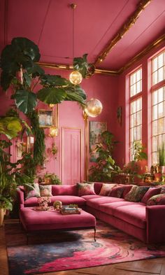 a living room with pink walls and lots of plants