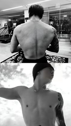 the back of a man with tattoos on his arms and chest is shown in black and white