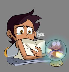 a cartoon character is reading a book and looking at the light coming from his hand