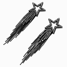 Claire's Black Crystal Star Fringe 4" Drop Earrings Black Star-shaped Earrings For Party, Star Drop Earrings, Chain Fringe, Black Jewel, Interior Decorator, Jeweled Earrings, 70s Disco, Cat Character, Fashionable Jewelry