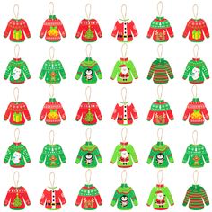 an assortment of ugly sweaters hanging from strings on a white background, all in different colors